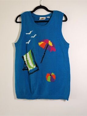 Vintage Field Gear Beach Scene Sweater Vest Womens M Ramie Cotton Coastal Knit